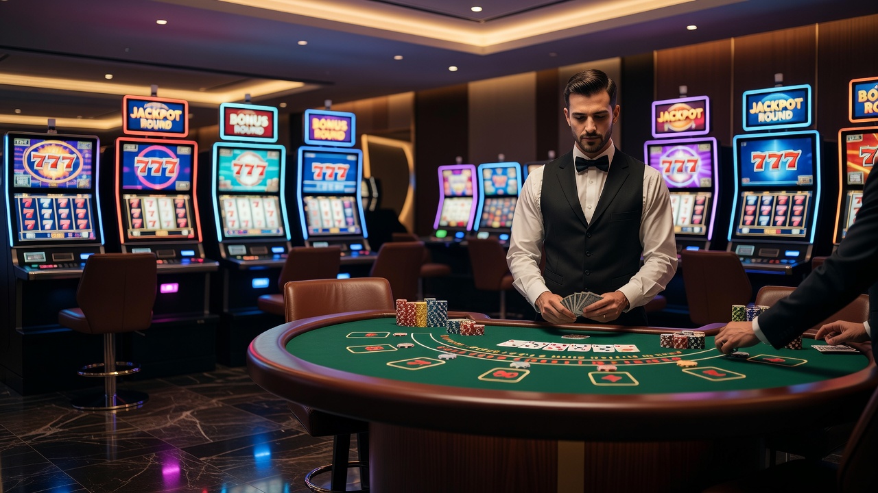 Overview of various casino game tables and slot machines in a modern gaming floor