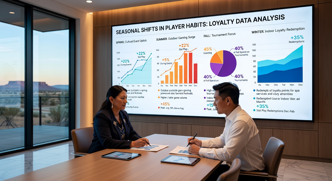 Data analysts reviewing loyalty program charts at a tribal casino resort operations center