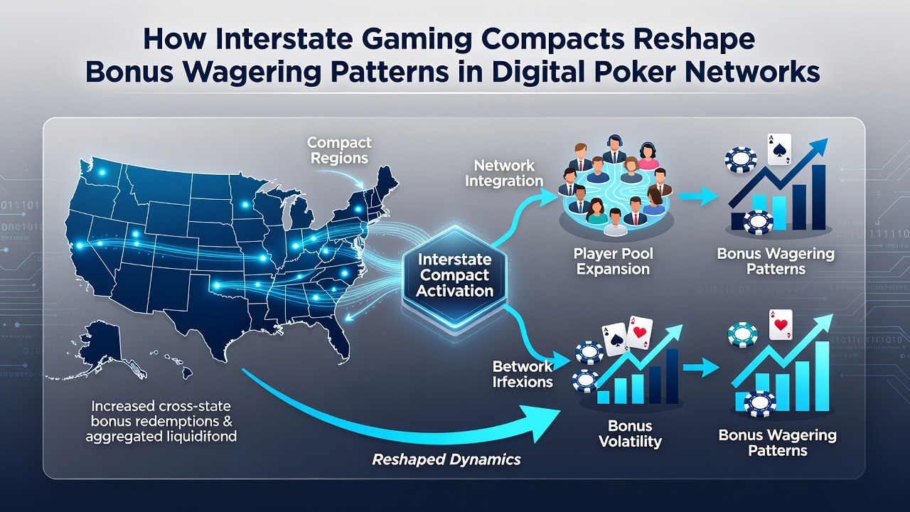 Digital poker interface displaying bonus wagering progress in an interstate compact network