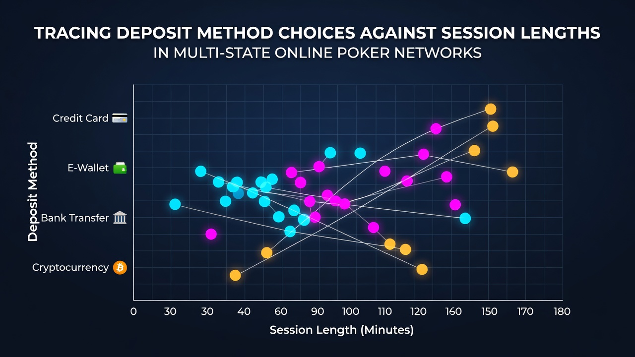 Data visualization showing deposit method selections plotted against average poker session durations across multi-state networks