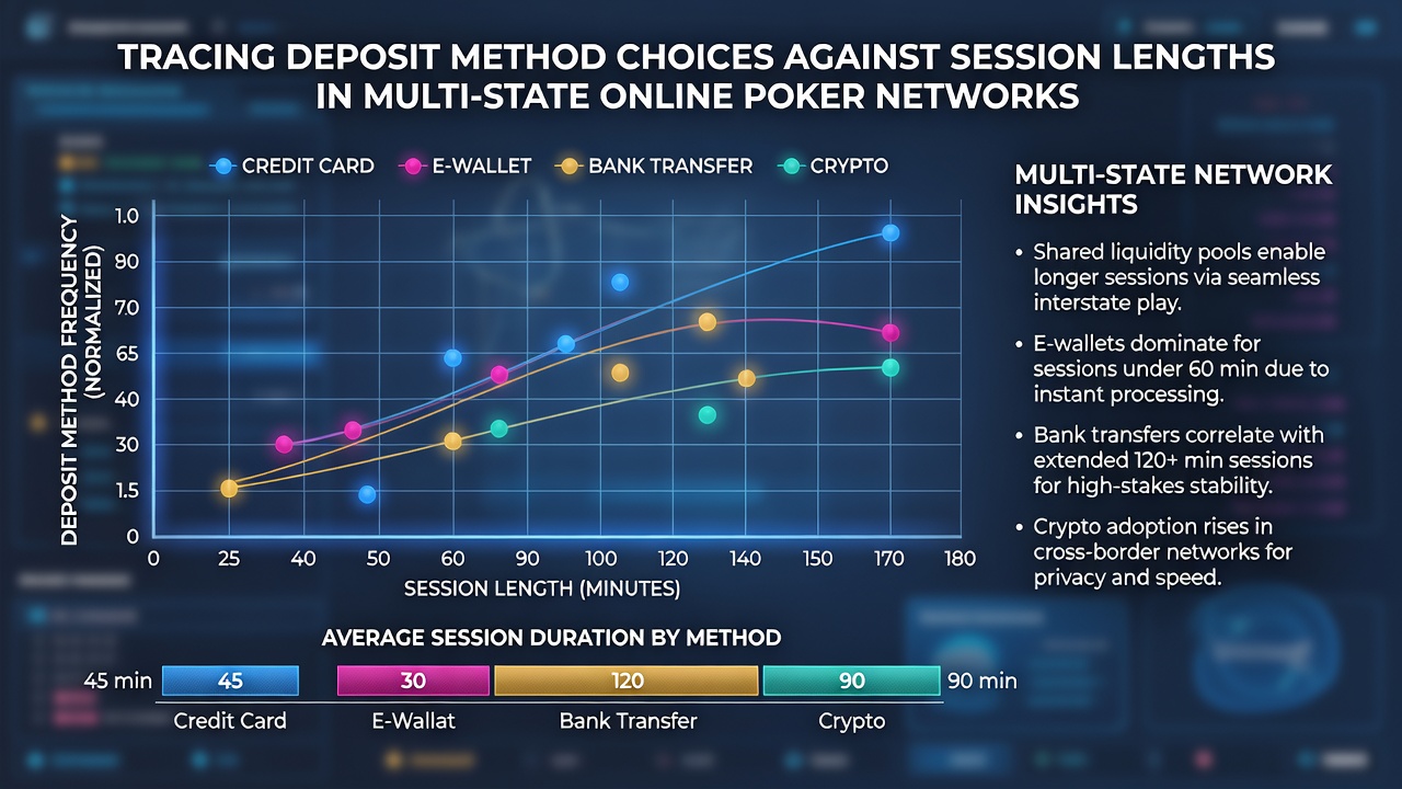 Chart comparing session length distributions for ACH, e-wallet, and card deposits in June 2026 multi-state poker data