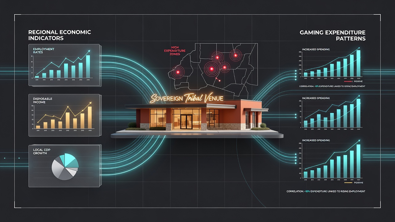 Regional economic data charts overlaid on a tribal casino floor showing player activity patterns