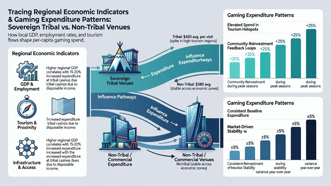 Tribal casino exterior with economic indicator graphs reflecting regional visitor trends