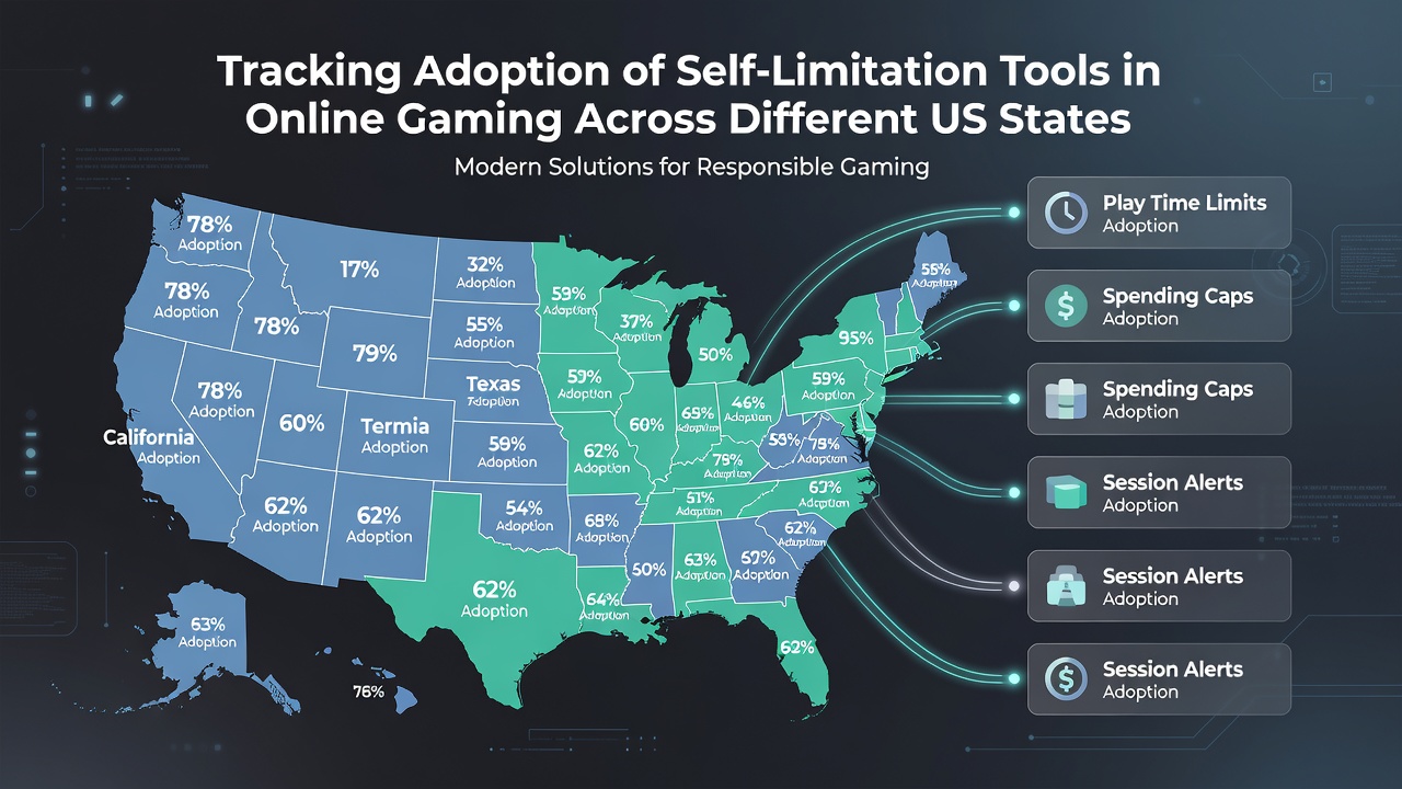 Infographic comparing self-limitation feature adoption rates in New Jersey, Pennsylvania, and Michigan online gaming markets