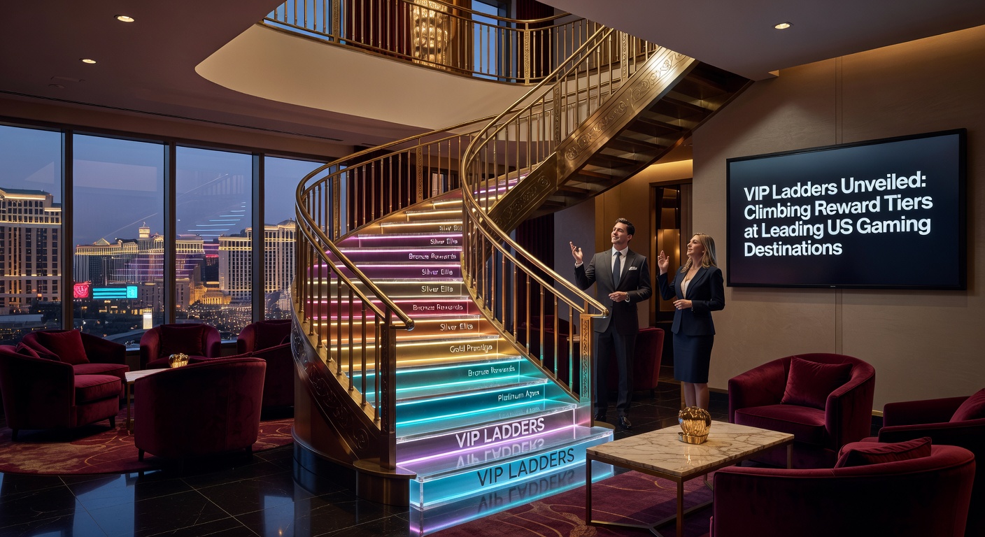 Colorful graphic illustrating a multi-tiered VIP ladder at a bustling Las Vegas casino floor, with players ascending levels amid slot machines and table games